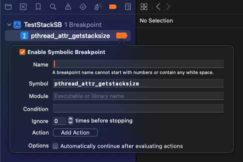 pthread_attr_getstacksize break point